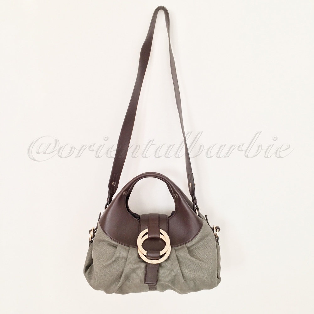 y2k vintage vhtf BVLGARI CHANDRA NEUTRAL CHVRON TAUPE CANVAS BROWN CALF LEATHER - Picture 2 of 8